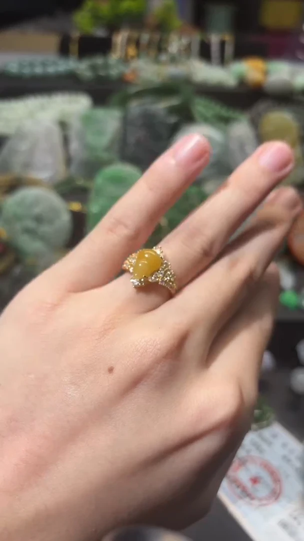 【闪购商品】翡翠戒指银S925镀金镶嵌缅翡天然黄葫芦