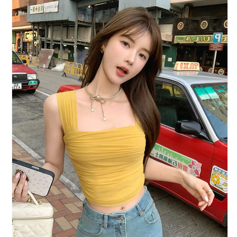 张贝贝ibell超弹网纱设计感修身显瘦休闲百搭方领抽皱裹胸背心女