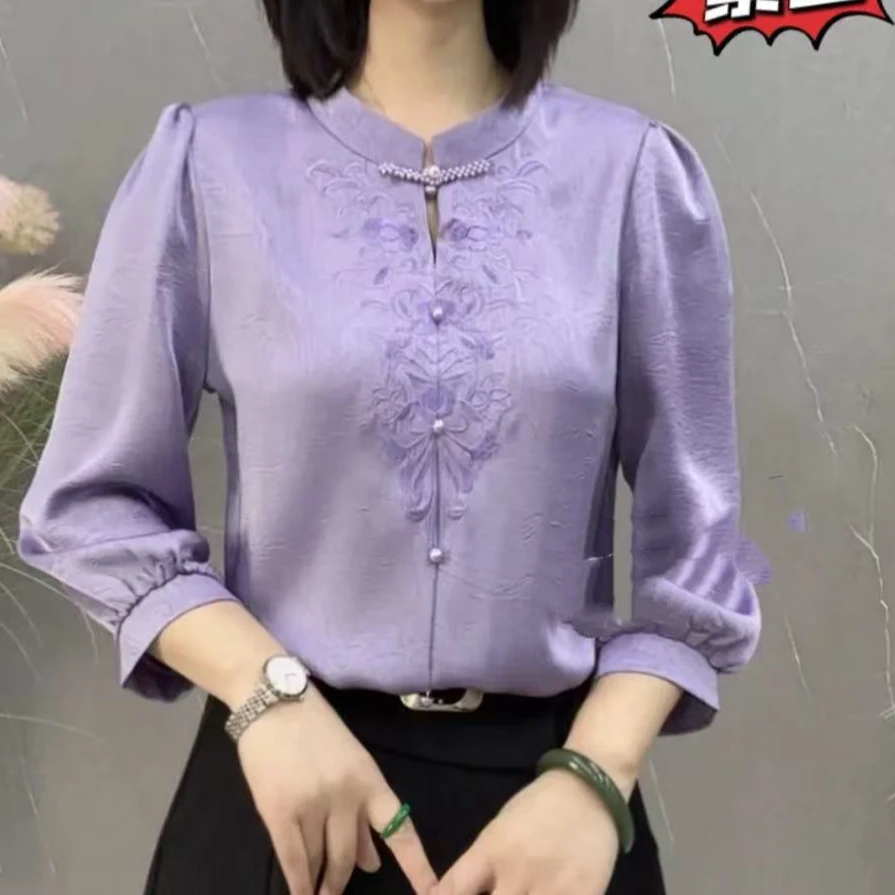 【柜柜同款】LLH2560春夏上新印花珠子盘扣领九分袖款气质百搭衬衫