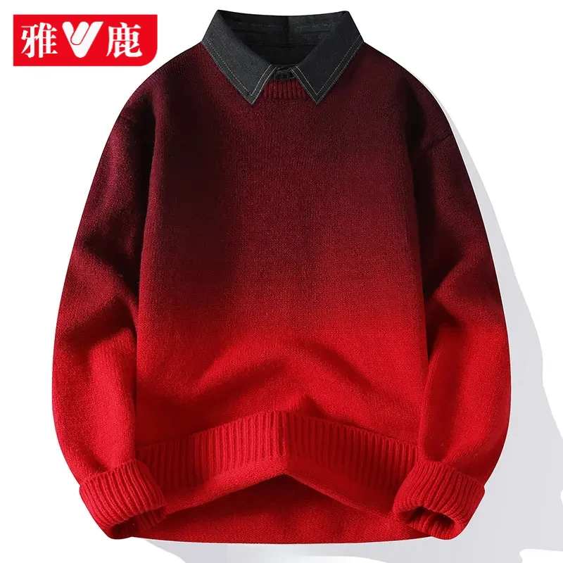 雅鹿秋冬款衬衫领假两件新年红安哥拉红氛围感带领毛衣男针织衫
