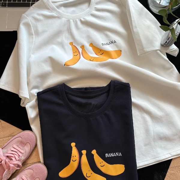 【瘦瘦】笑脸蕉-大码夏季圆领无感印花可爱百搭显瘦短袖S01602