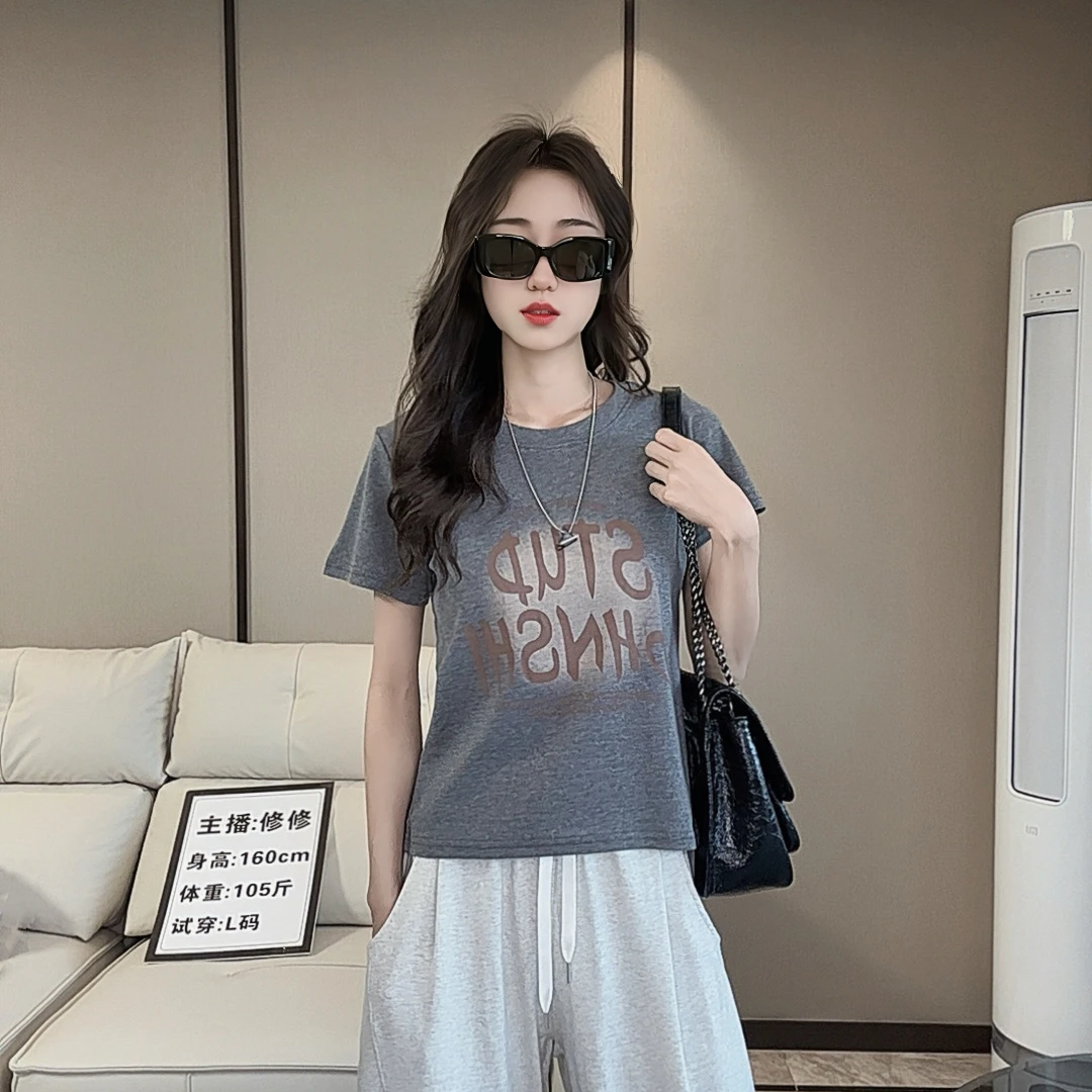 印花圆圈字母短袖T恤显瘦短款休闲夏季宽松修身韩版设计感百搭