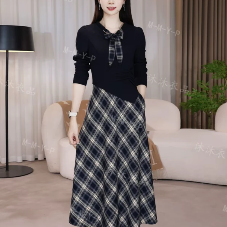 沐沐衣品显瘦气质长袖格纹时尚春秋显瘦洋气气质长袖时尚连衣裙