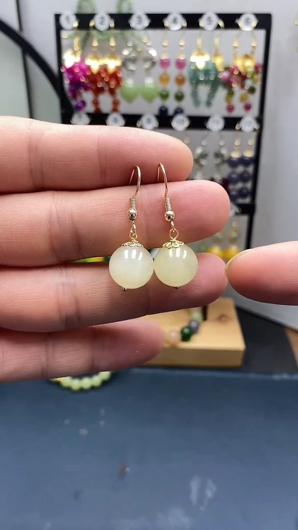 和田玉银S925镀金镶嵌耳饰尺寸12mmC3