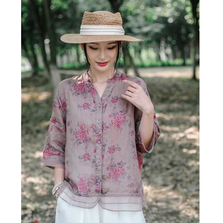 夏新款苎麻印花V领中袖衬衫时尚百搭复古减龄碎花宽松透气小衫