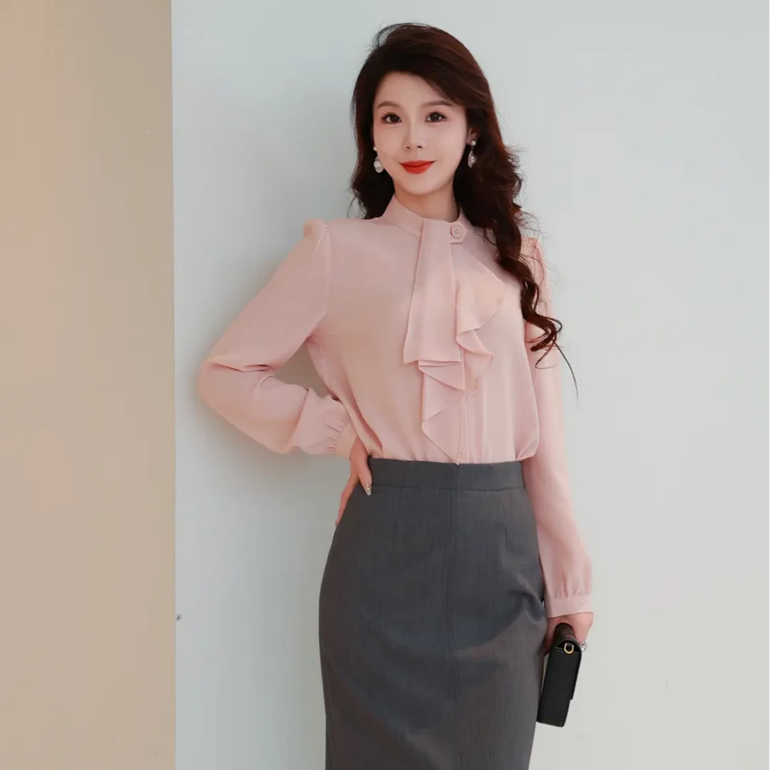 GIRDEAR/哥弟新款香槟粉简约立领荷叶边长袖衬衫 1300744-1118875