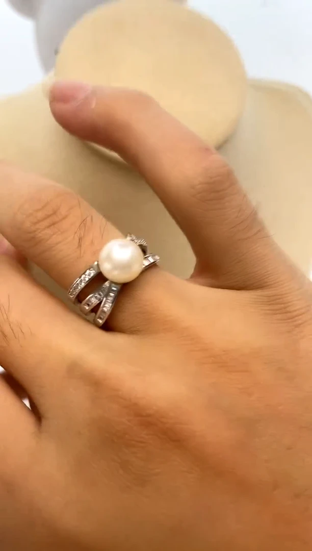 银S925镶嵌戒指海水珍珠8-9