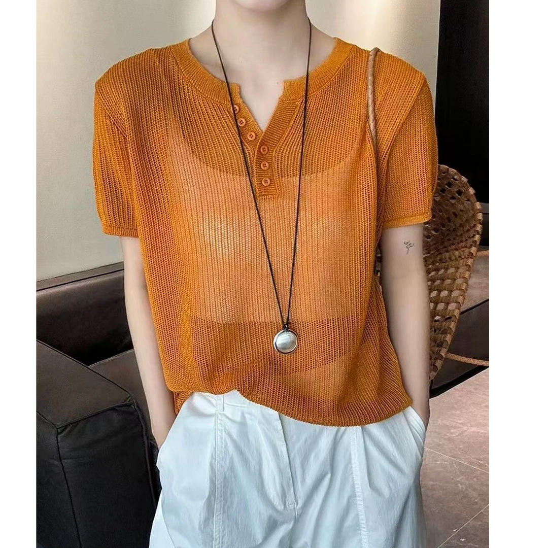 LB橘黄色百搭夏季和纸纱宽松镂空气质冰感针织上衣