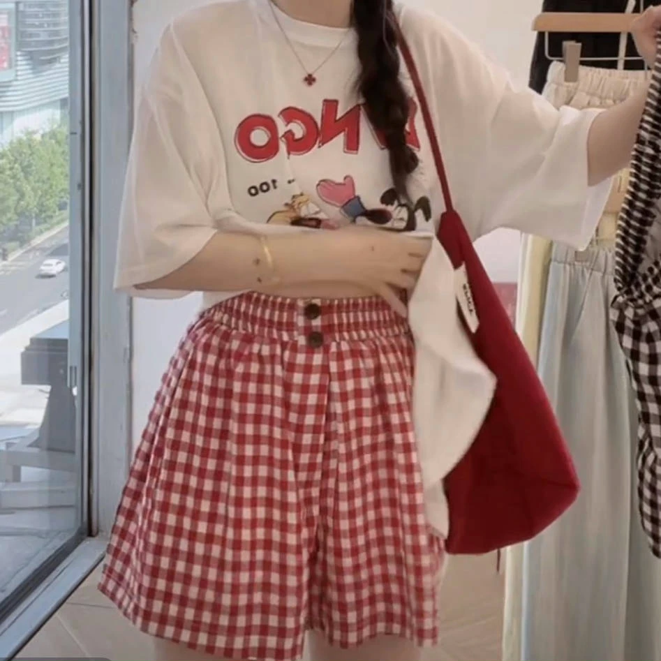 韩版设计款限售时尚女士格子短裤2025年夏季新款松紧腰显瘦阔腿裤