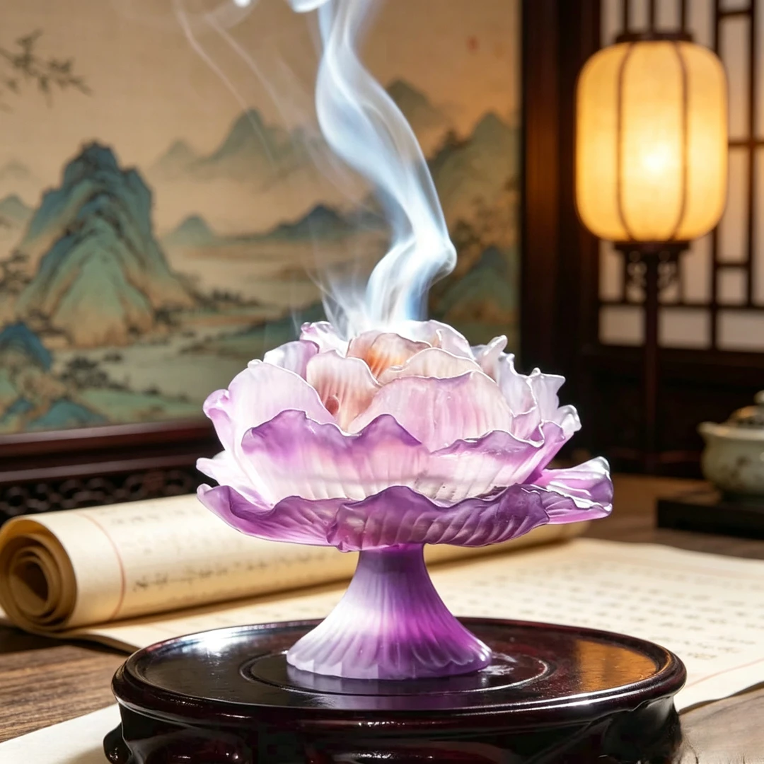 一脉香传【琉璃紫牡丹香炉】非遗古法手工琉璃精雕制作中式熏香香炉