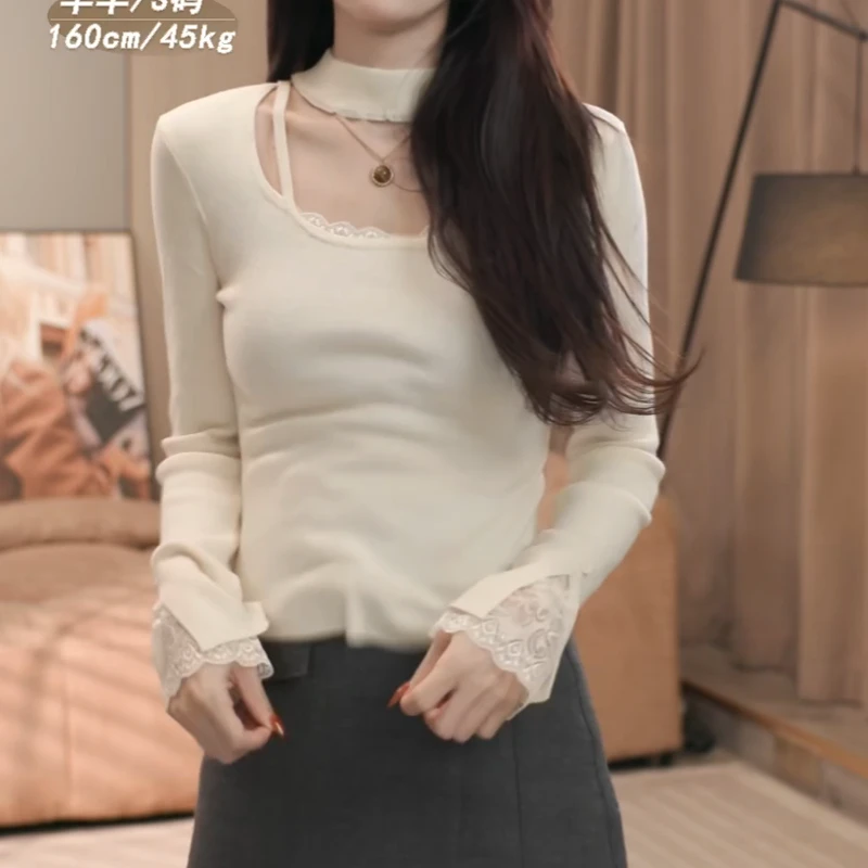 冬季纯欲风蕾丝拼接圆领挂脖内搭修身显瘦长袖针织衫LK2508635