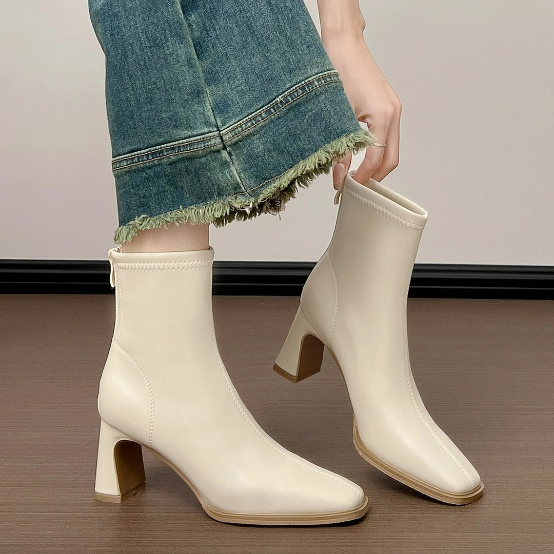 百搭天选~靴子女小众方头高跟短靴女秋冬季袜靴粗跟弹力靴瘦瘦靴