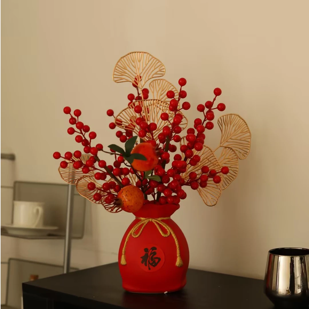 【新年红色陶瓷盆套装】思之仿真花餐桌花高档氛围感摆件家居装饰