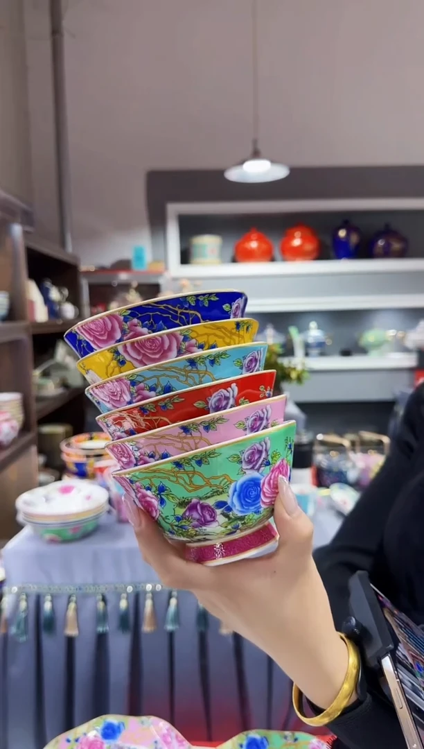 珐琅 4.7英寸花口碗6个景德镇陶瓷混色