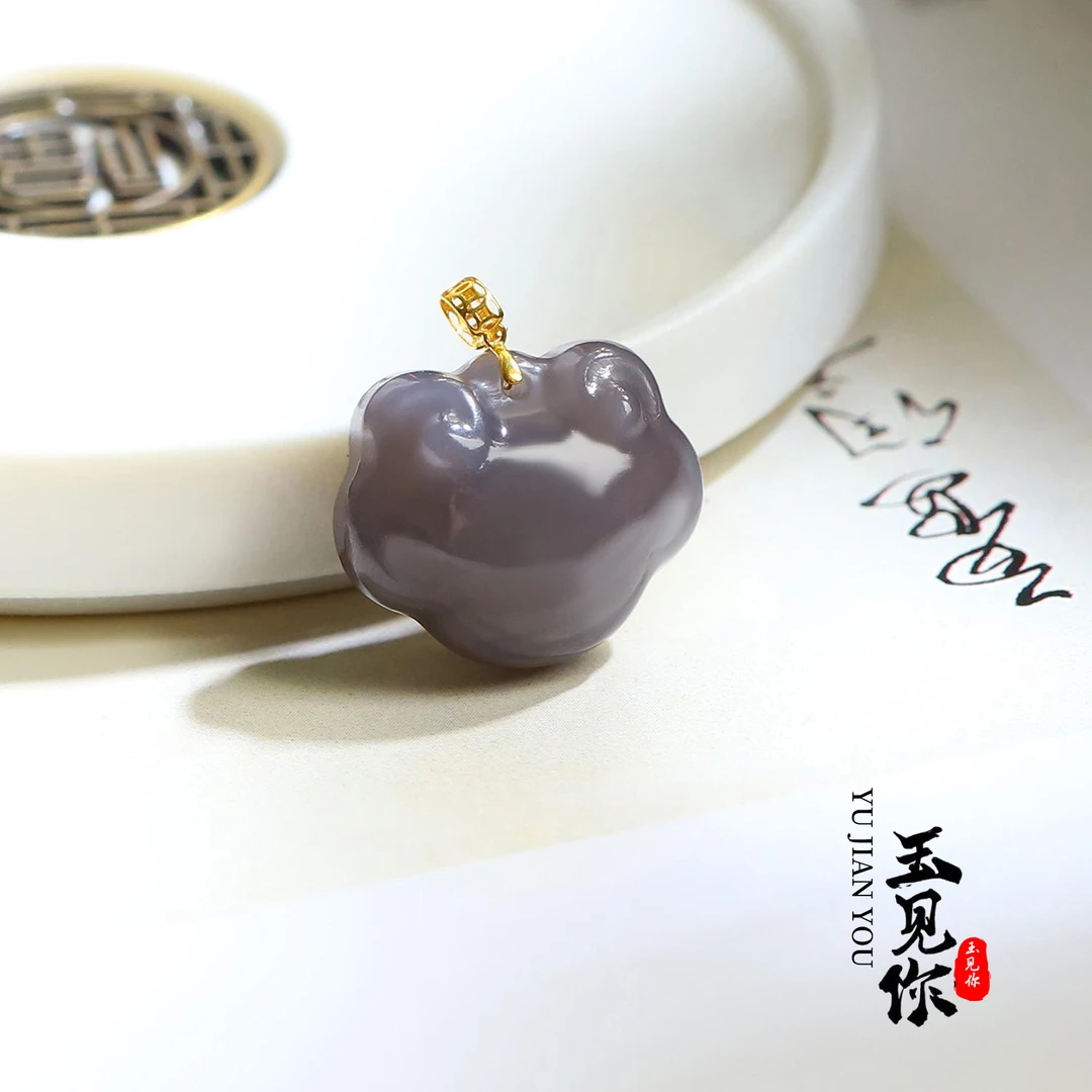 寒江-沁 和田玉烟紫*如意吊坠*18K金镶嵌