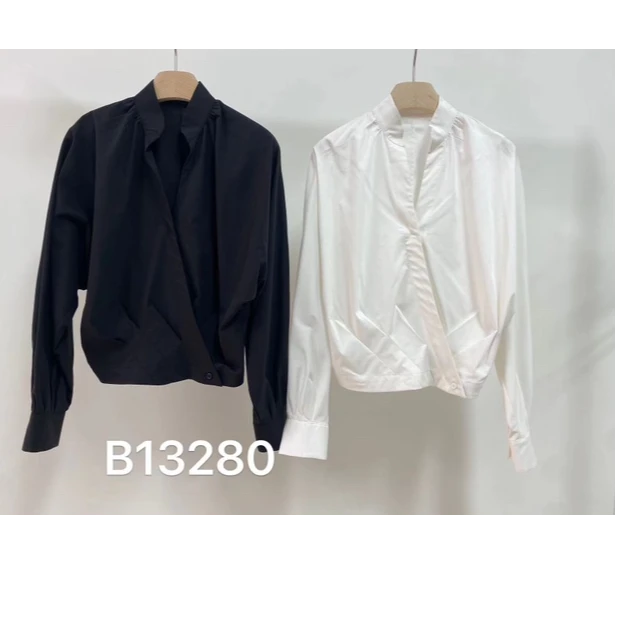 13280两色净版交叉设计感v领长袖衬衫