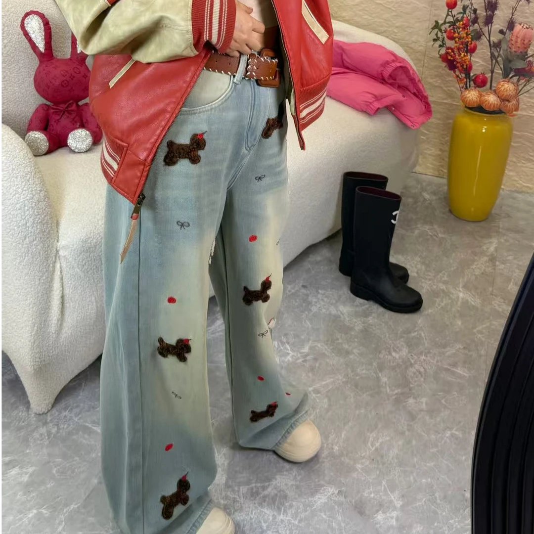 冬季加绒保暖重工刺绣独角兽牛仔阔腿裤显瘦百搭时尚休闲宽松潮流