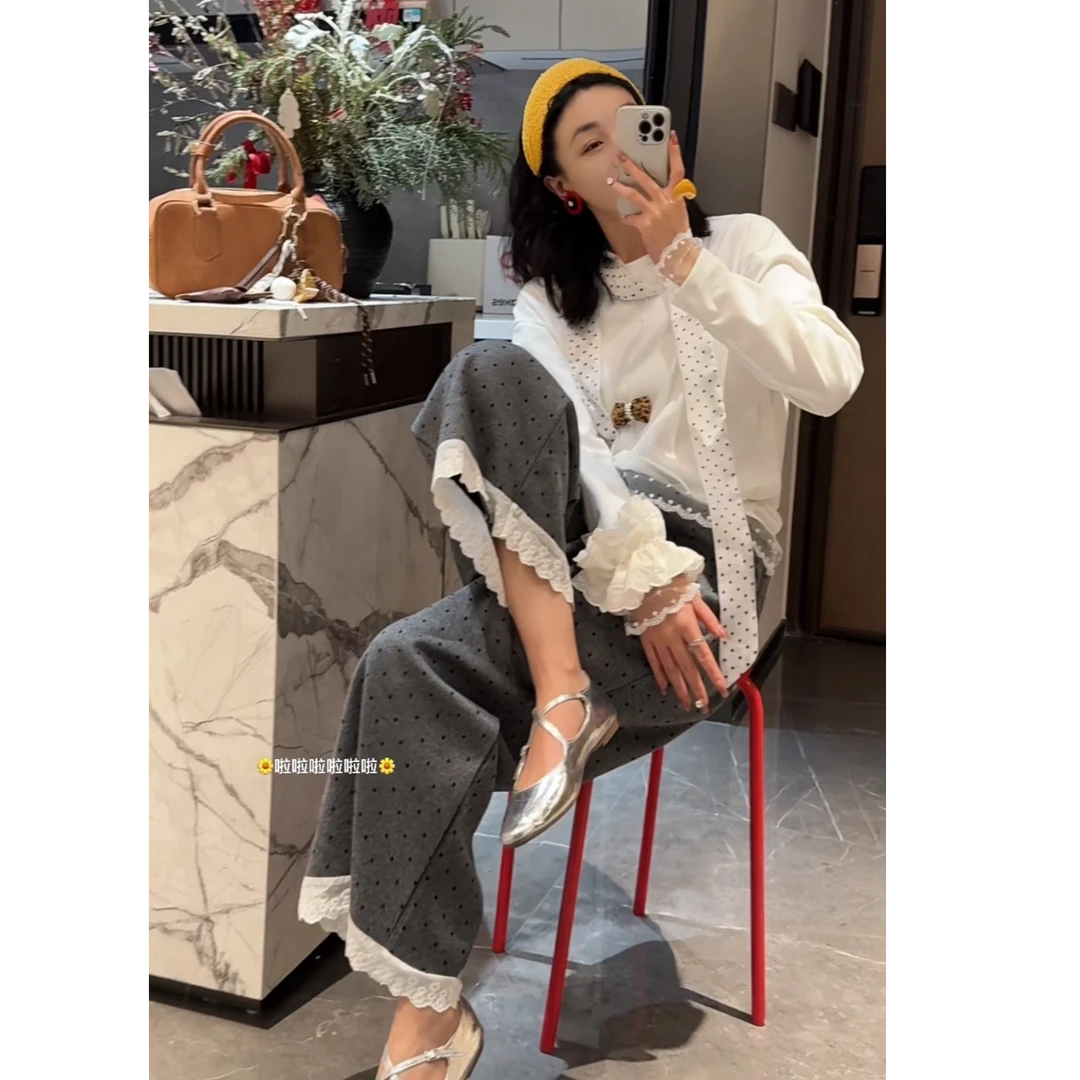 早春韩系花边拼接波点休闲裤女2025新款宽松时尚百搭小众阔腿裤