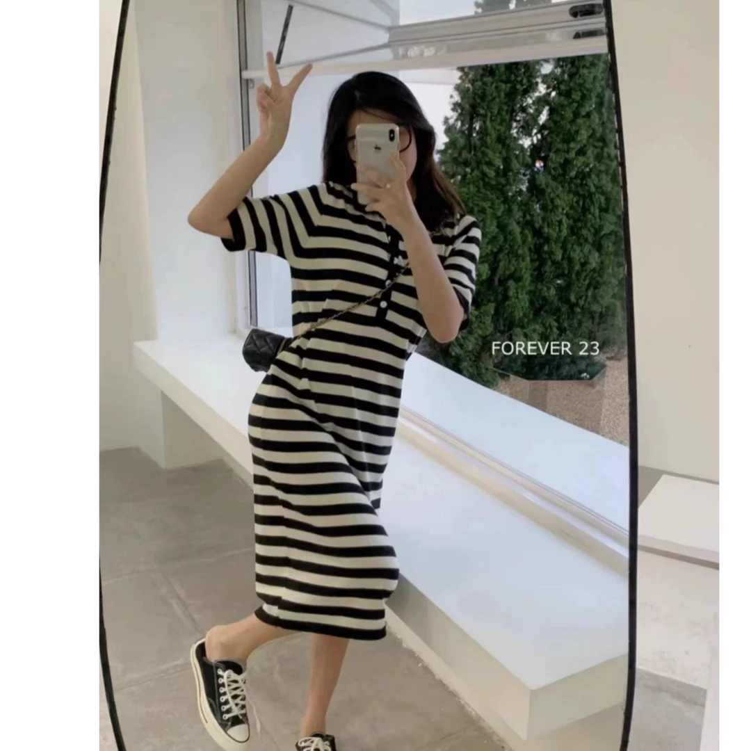 翻领百搭横条懒人裙显瘦针织时尚休闲条纹宽松【9503】