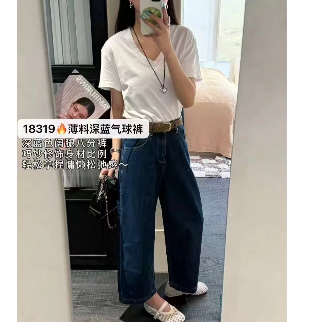 做旧夏季八分裤直筒裤薄款牛仔裤春夏宽松显瘦小个子慵懒气球裤
