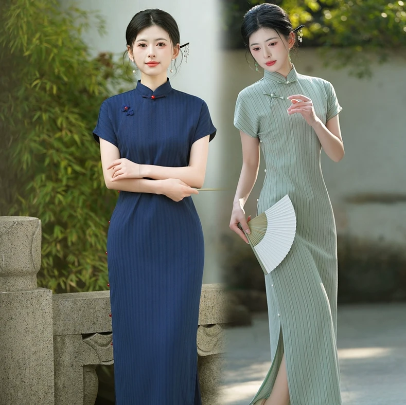 【墨染】复古法平裁传统全开襟长款旗袍老上海民国风文艺条纹侧八扣