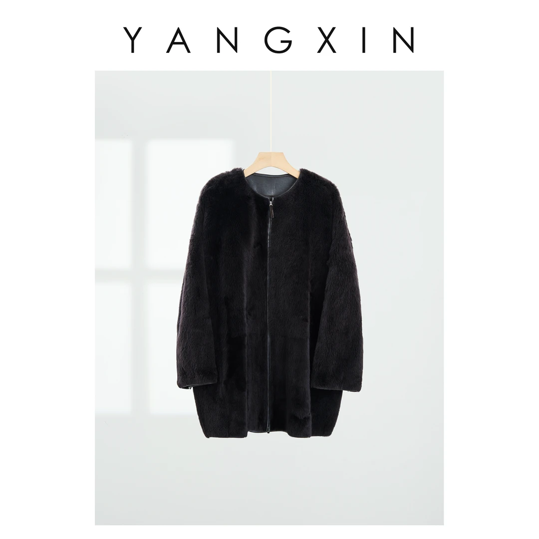 【无龄·杨昕】小羊皮毛一体圆领中长款外套SS07022