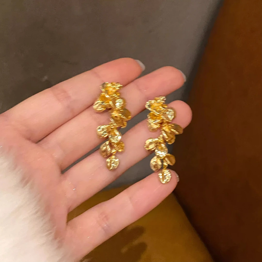 铜合金耳饰 鎏金岁月~叶子流苏耳环女秋冬复古高级感金色耳饰耳钉