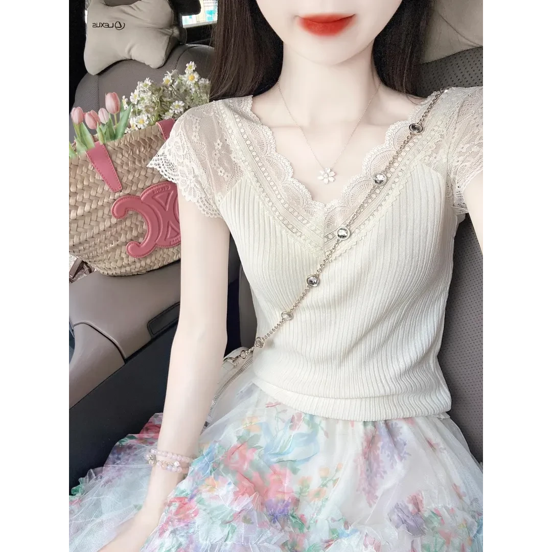 夏季设计感小众一整套女2025蕾丝V领短袖上衣荷叶边半身裙两件套
