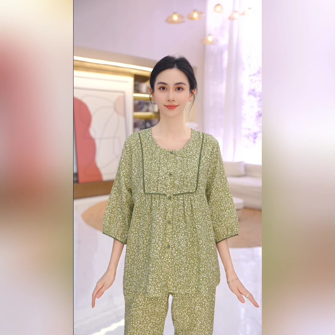 秋鹿【绿野仙踪】双层纱小碎花睡衣春秋女7分长袖长裤家居服套装