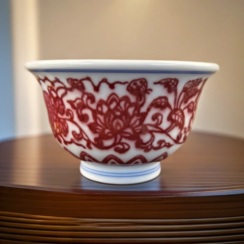 溪顺堂茶器景德镇陶瓷缠枝莲釉里红龙纹压手杯主人杯手工手绘茶器