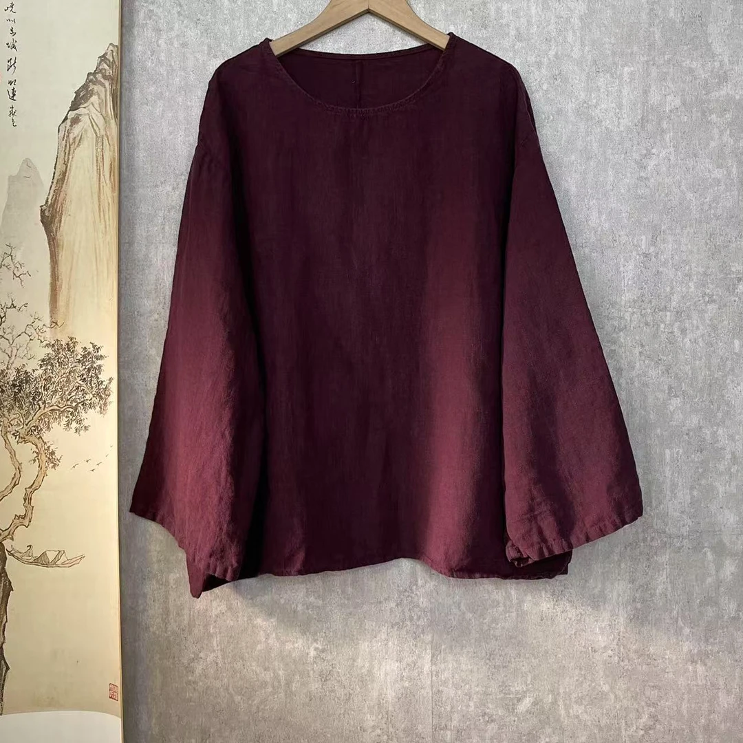 芬雅春夏亚麻圆领文艺简约T恤小衫上衣衣长66胸围126