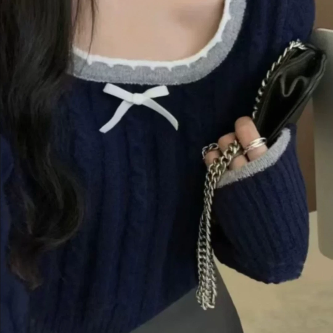 【现现】小个子蝴蝶结长袖套头毛衣针织毛衣显瘦气质设计感甜美