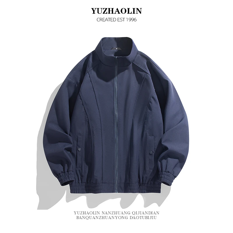 美式立领廓短款夹克男春秋季设计感拼接垫肩飞行员工装外套