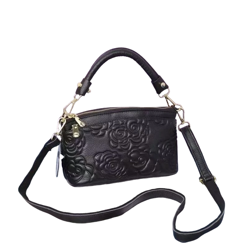 新款头层牛皮玫瑰花手拎斜挎多格层女包B2117 J