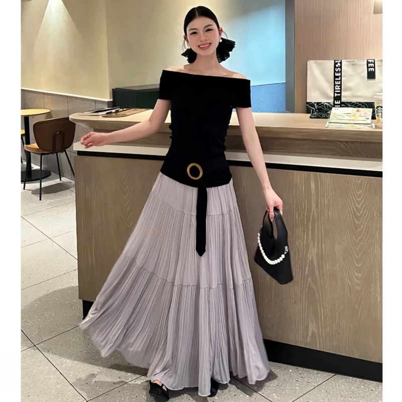 纯欲风高级感潮流套装女夏季新款一字肩上衣A字半身裙两件套女装