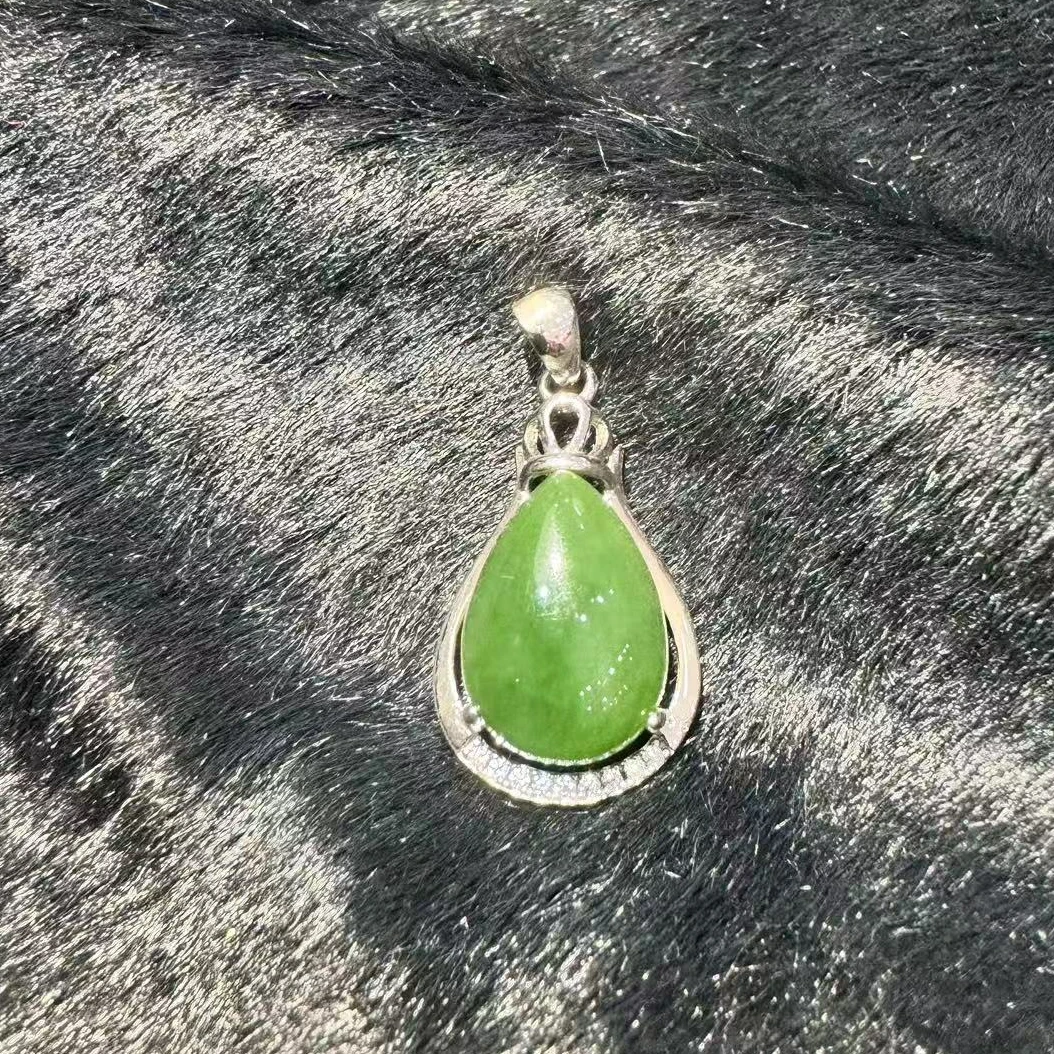 【百百福珠宝】S925银镶嵌和田玉水滴吊坠-08