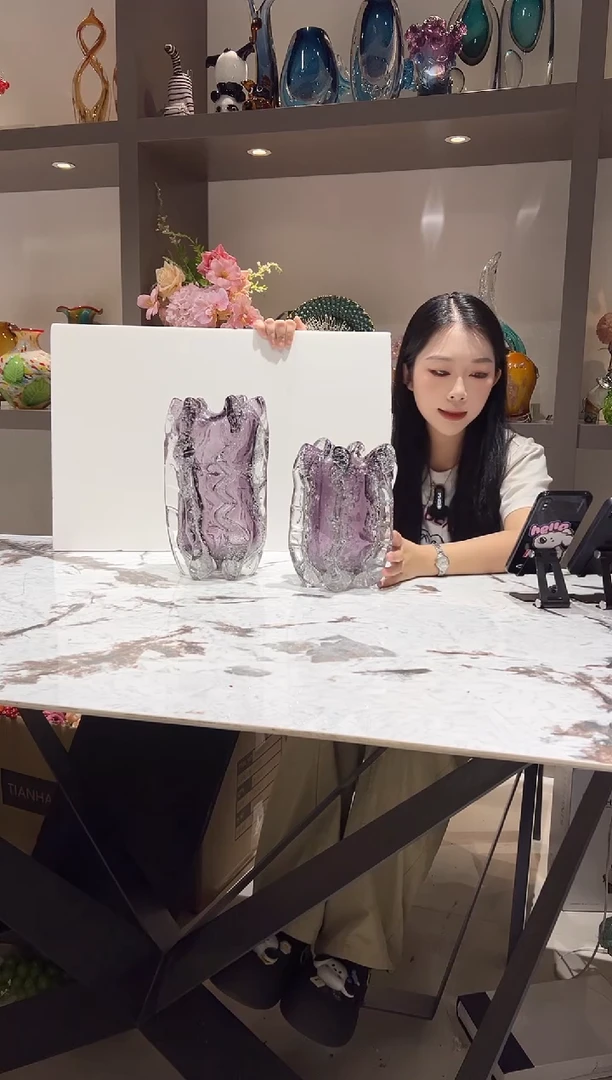 烟紫色气泡琉璃花瓶一对