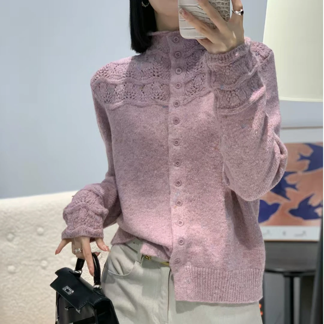 秋冬羊毛彩点花纱镂空针织开衫 立领单排扣高级感加厚设计上衣