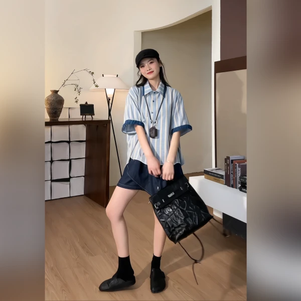 VGVL衬衫【海洋之心】吸睛高级蓝条纹小清新衬衫女