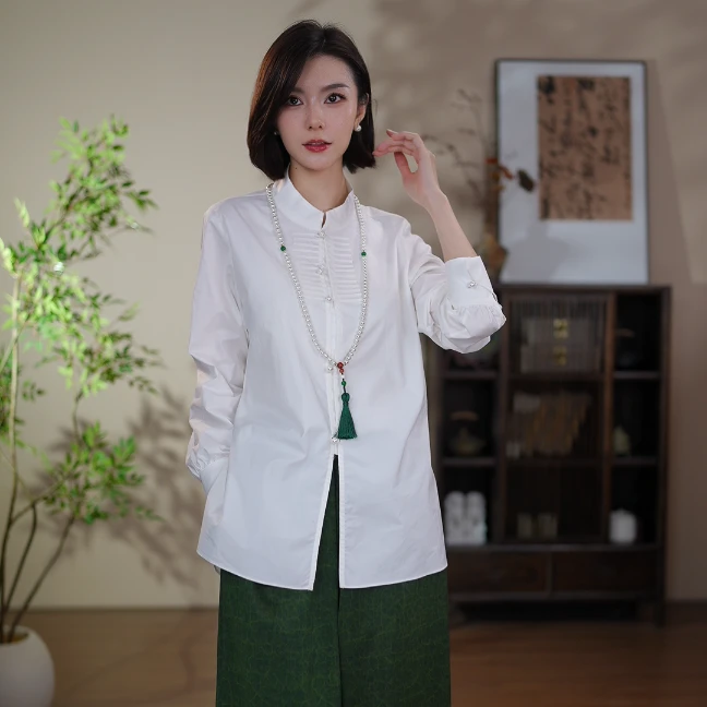 GONG QUE 新中式百搭全棉气质对襟长袖衬衣 3418
