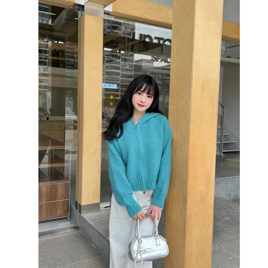 福利-拍下选择编码-春季宽松百搭外穿双拉链连帽开衫针织上衣女