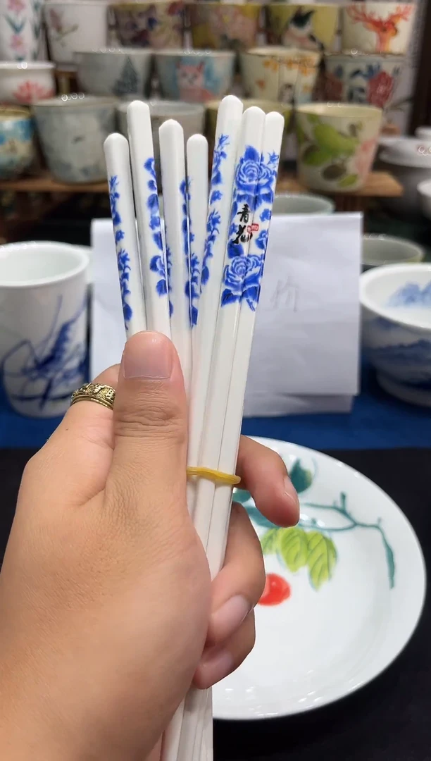 瓷片景德镇高温釉下手工手绘陶瓷筷子*5双