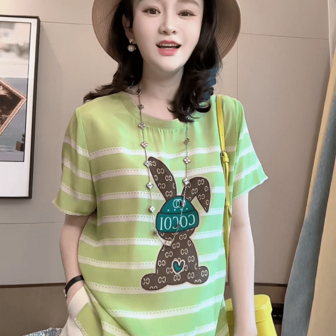 【丝芙玉禄】（F462）100%真丝双绉条纹兔子桑蚕丝t恤上衣