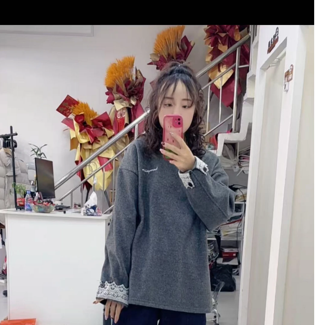 欧版12868时尚蕾丝袖拼接加绒打底衫-8985