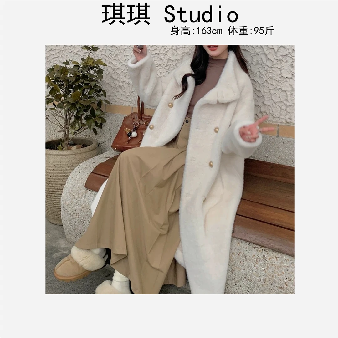 冬季新款甜美洋气长款双排扣立领气质时尚显瘦减龄百搭毛毛外套-N