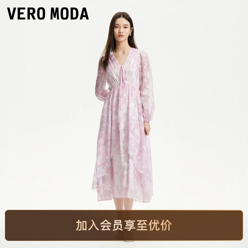 Vero Moda官方连衣裙2025新款印花V领不规则裙摆千金碎花气质贵气
