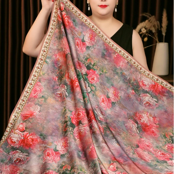 丝巾围巾披肩双面双色百搭旗袍【粉红玫瑰】花萝140*140方巾140301