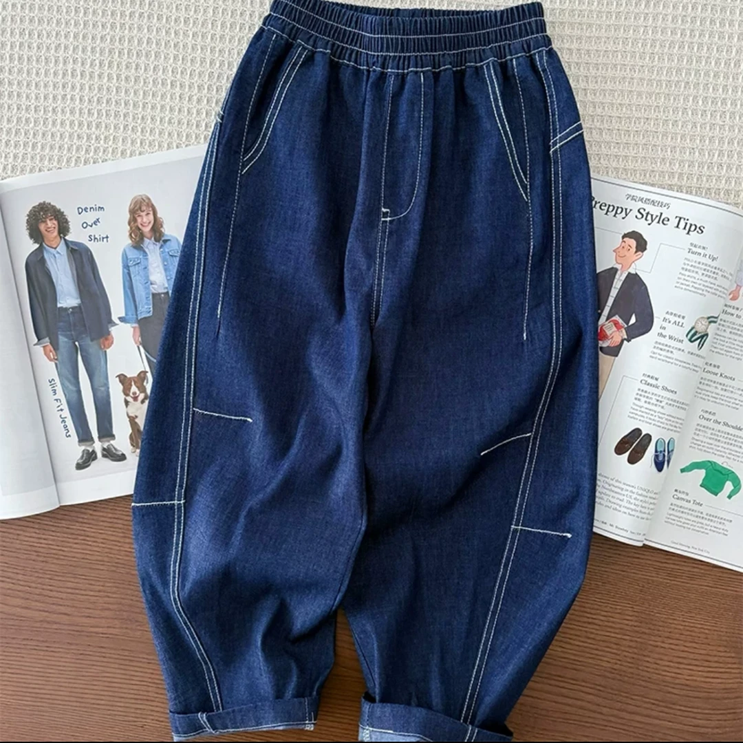 男童春夏薄款深蓝色牛仔裤~中大童宽松休闲长裤5su73