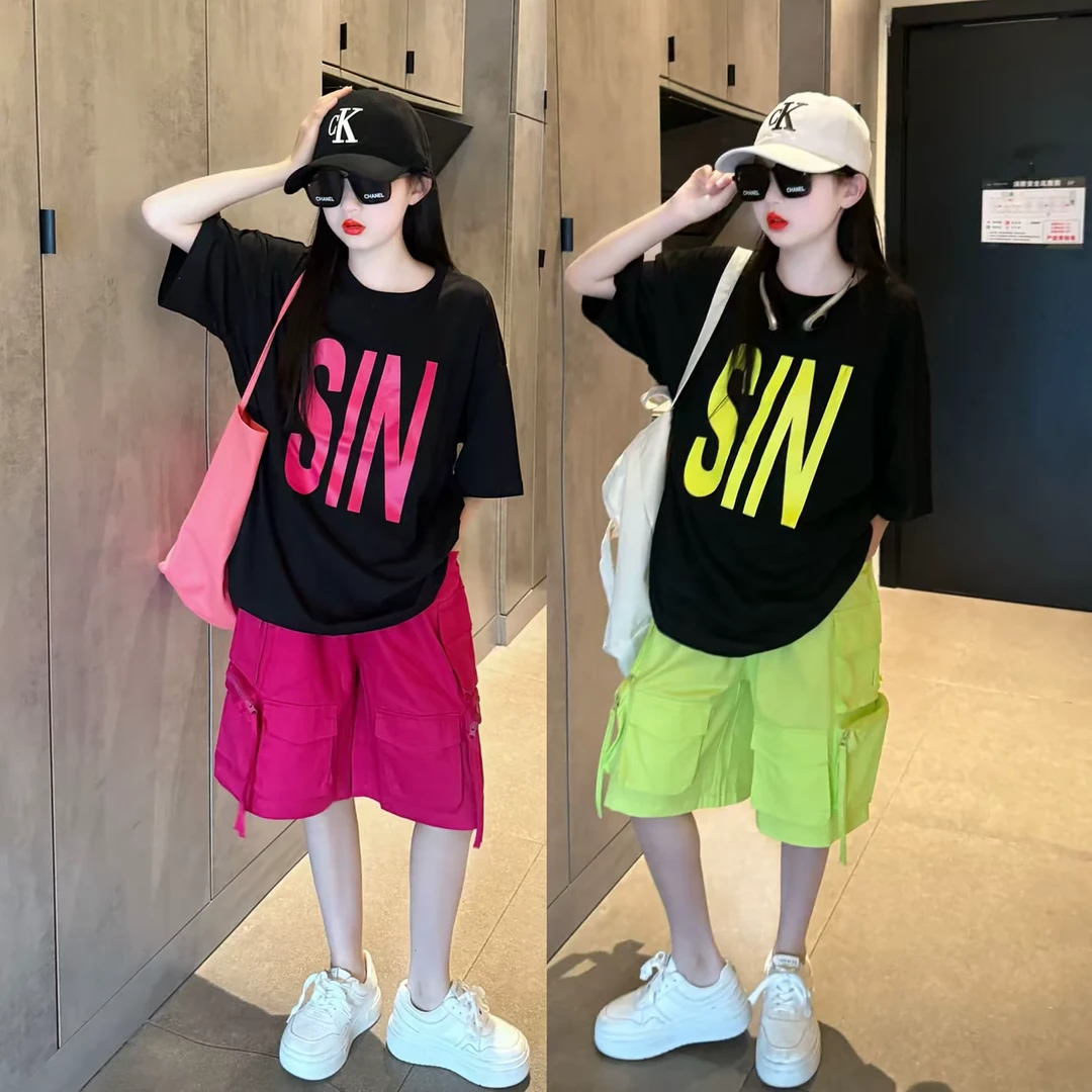 女童套装2025甜酷新款宽松T恤工装时髦洋气中大童短袖T恤休闲两件