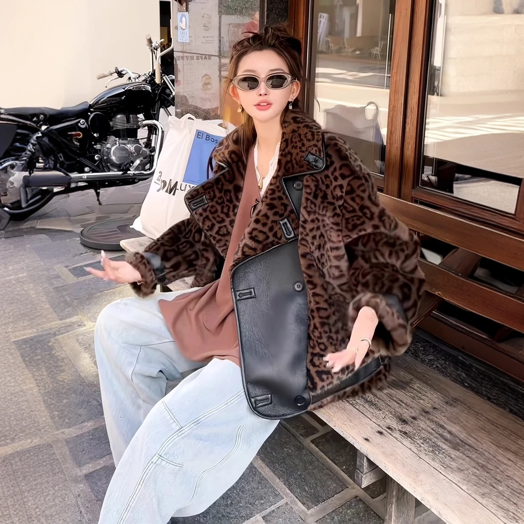 AMYSURE豹纹外套女2024秋冬拼接正反两面穿皮夹克毛绒上衣24167